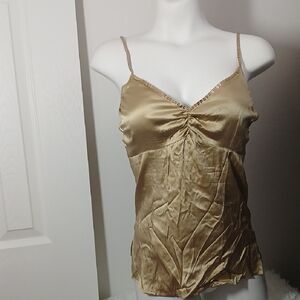 Vintage Y2K Gold Silk Blend Feminine Romantic Camisole Top With Sequin Trim
